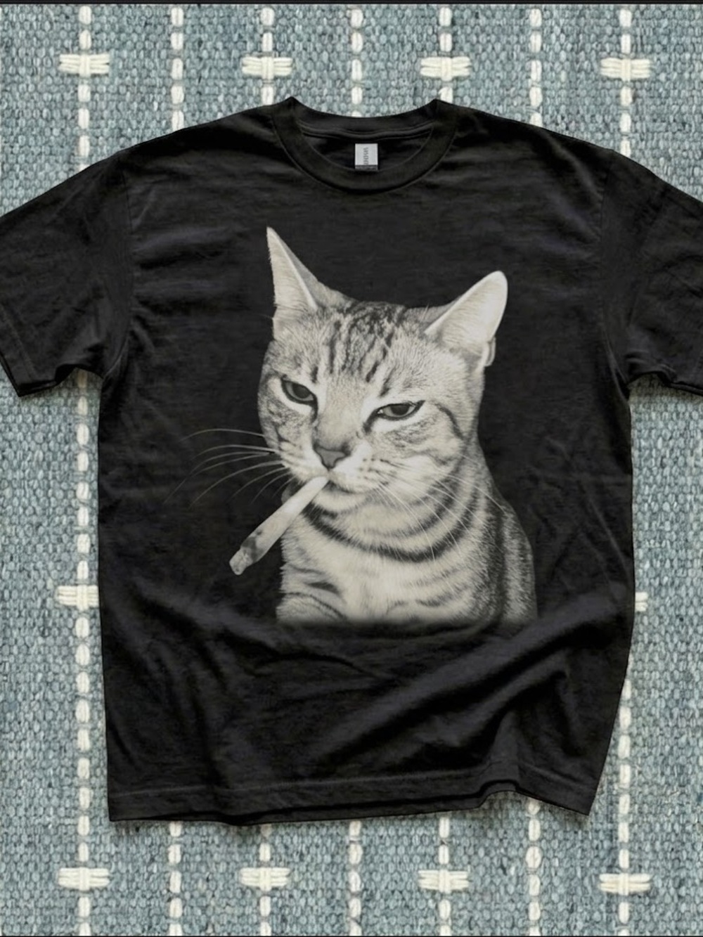 Gildan Black T-Shirt with Monochrome Smoking Cat Graphic